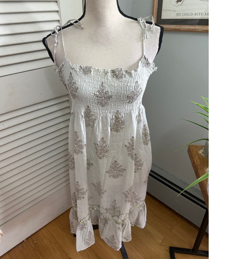 Star Mela Dress Womens Large Gray Smocked Babydoll Mini Sequins Dainty Boho Chic